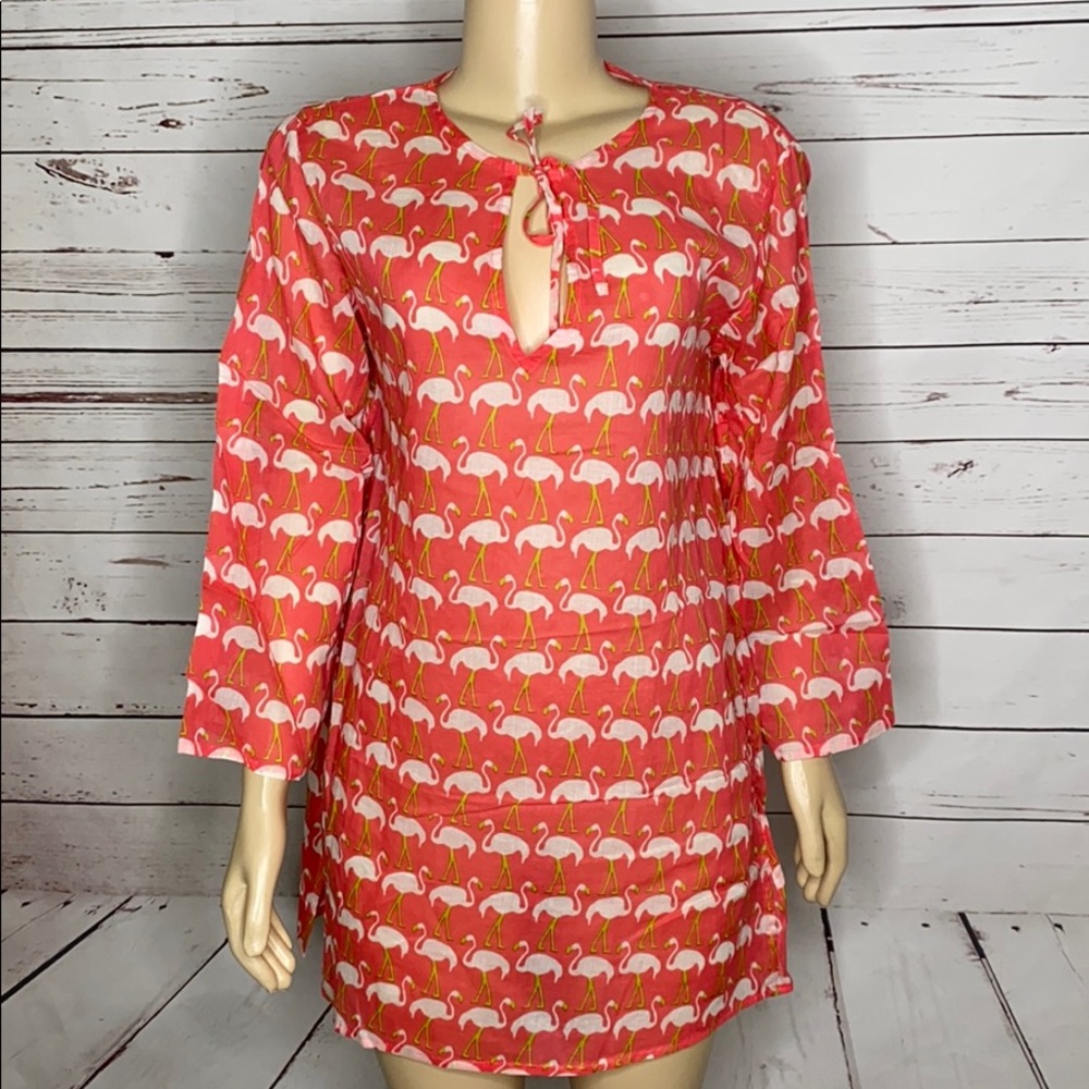 Pink white flamingo coverup or tunic M
